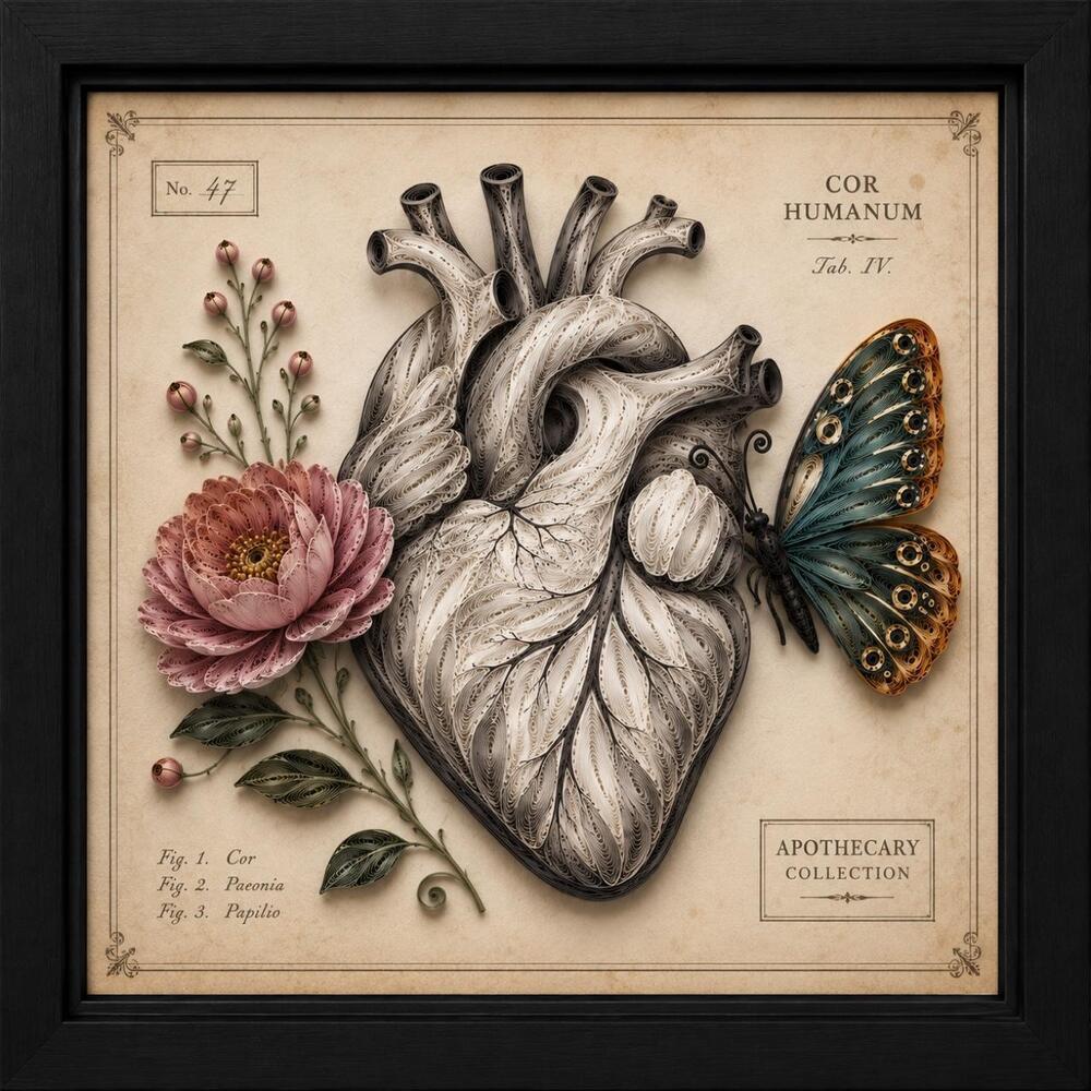 8x8 Black Framed Anatomical Heart Wall Art | Gothic Apothecary Print | Vintage M